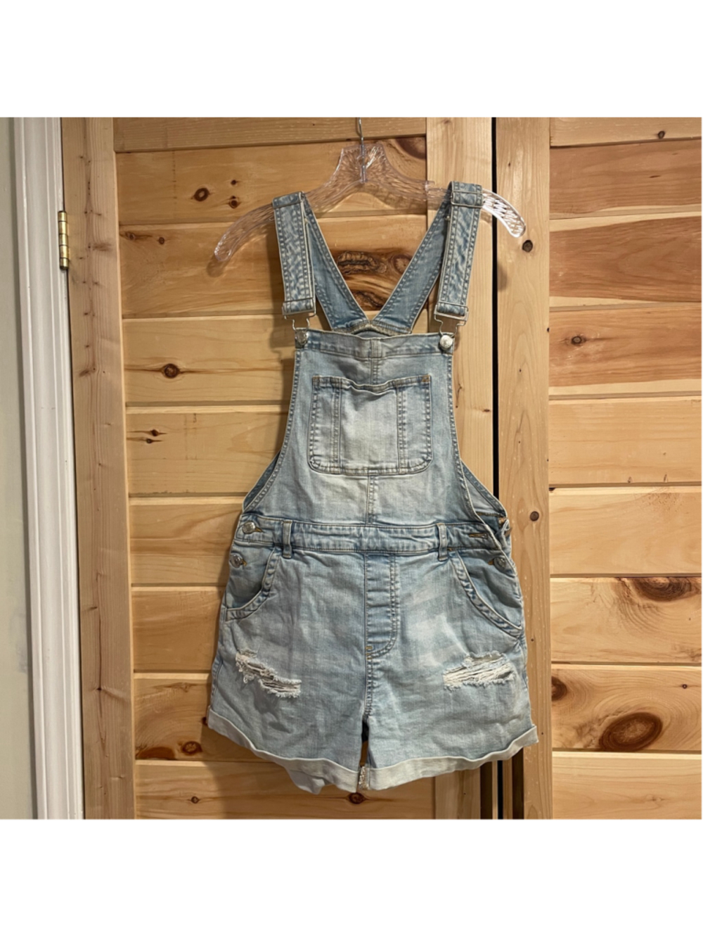 Women's Urban Basics Light Blue Distressed Denim Overall Shorts M